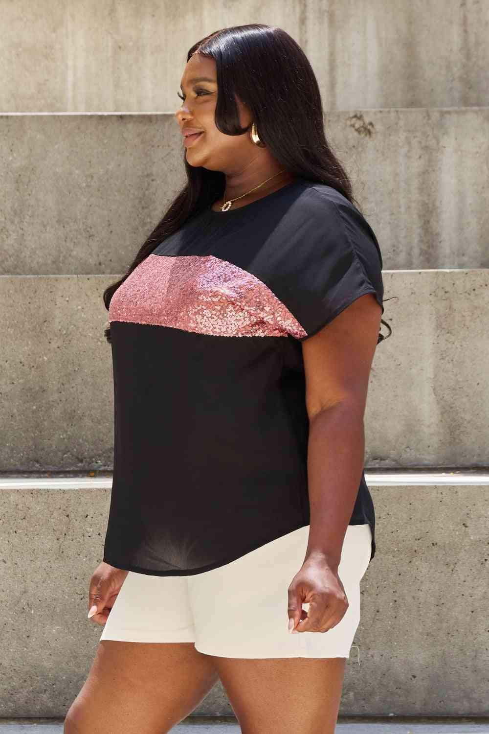 Sew In Love Shine Bright Full Size Center Mesh Sequin Top in Black/Mauve Women's T-Shirts - Tophatter Daily Deals