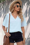 Swiss Dot Lace Trim Flutter Sleeve V-Neck Blouse Blouses - Tophatter Daily Deals