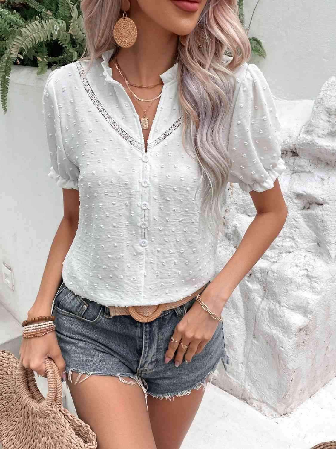 Swiss Dot Buttoned Puff Sleeve Blouse White Blouses - Tophatter Daily Deals