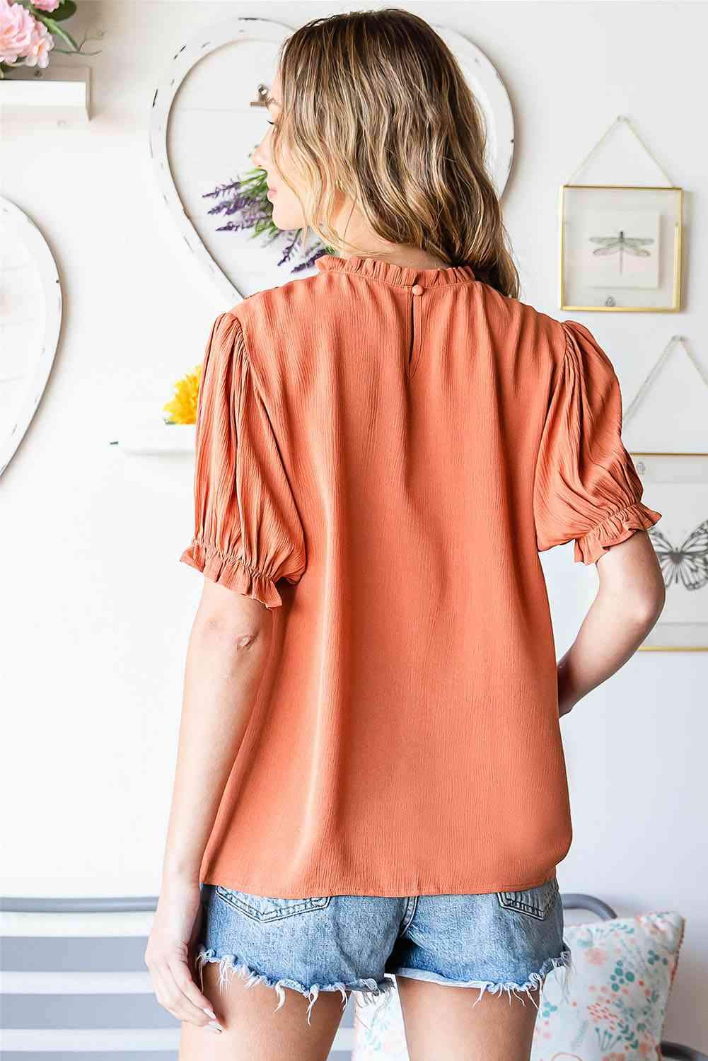 Frill Neck Short Flounce Sleeve Blouse Blouses - Tophatter Daily Deals