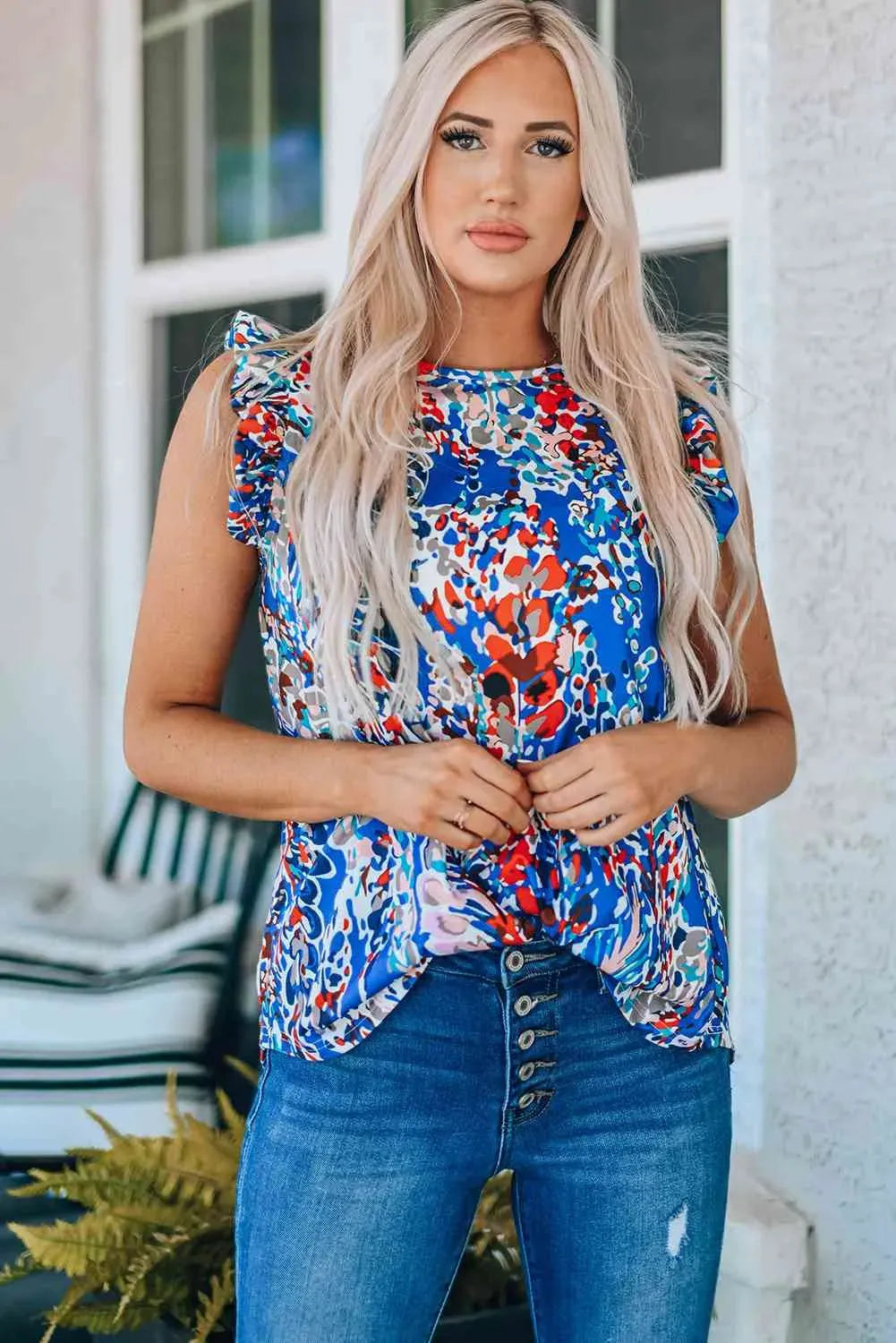 Abstract Print Ruffle Shoulder Top Multi Blouses - Tophatter Daily Deals