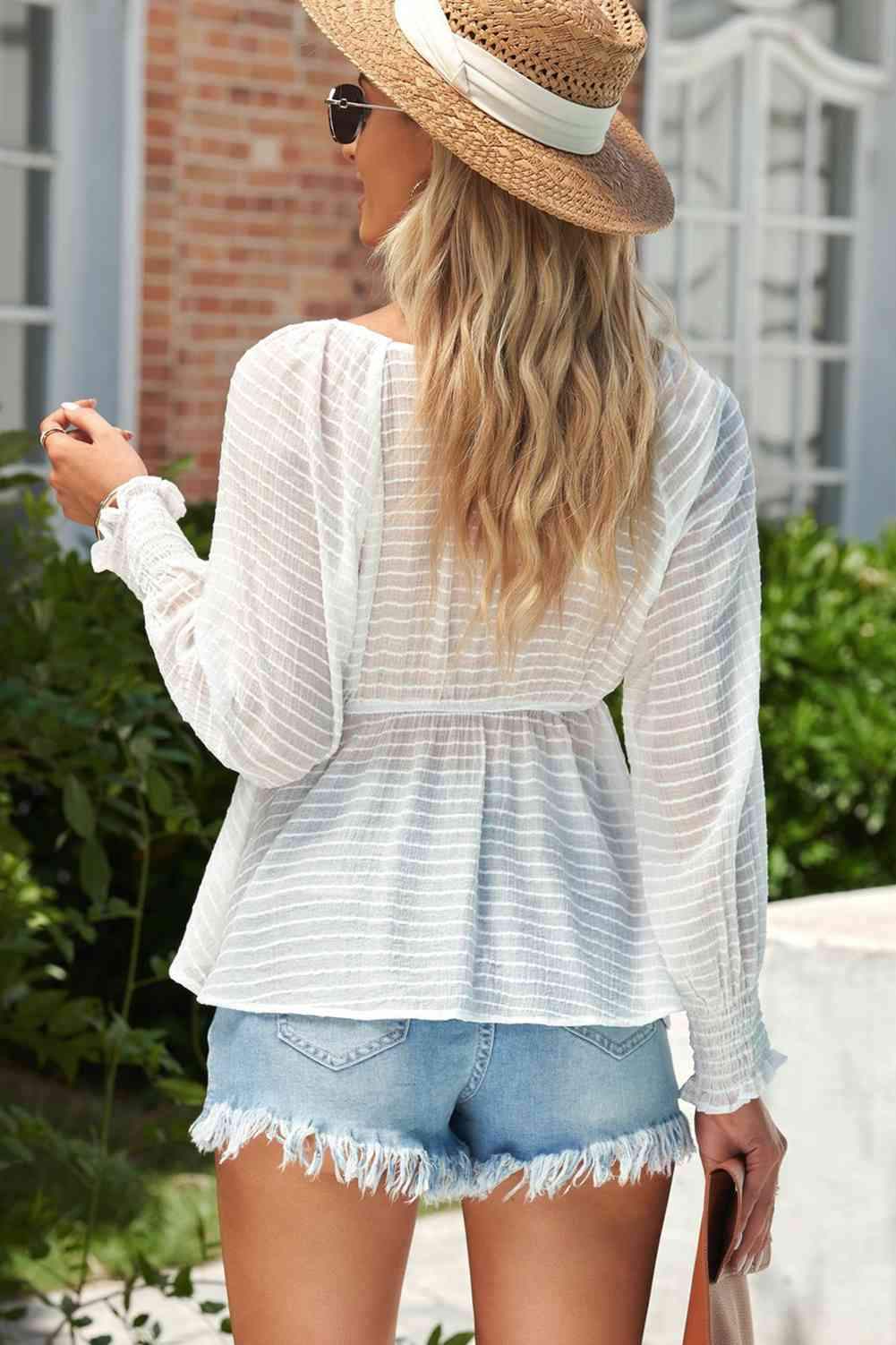 Striped Deep V Bow Detail Babydoll Top Blouses - Tophatter Daily Deals