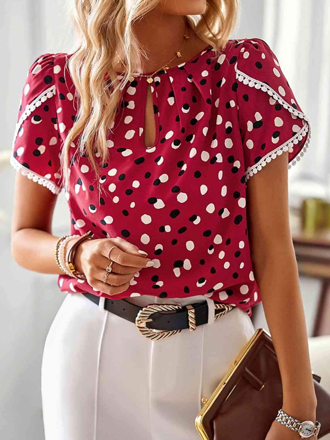 Printed Petal Sleeve Round Neck Blouse Blouses - Tophatter Daily Deals