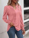 Ruched Notched Neck Puff Sleeve Smocked Wrist Blouse Blouses - Tophatter Daily Deals