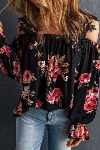 Floral Lace Cold-Shoulder Flounce Sleeve Blouse Blouses - Tophatter Daily Deals