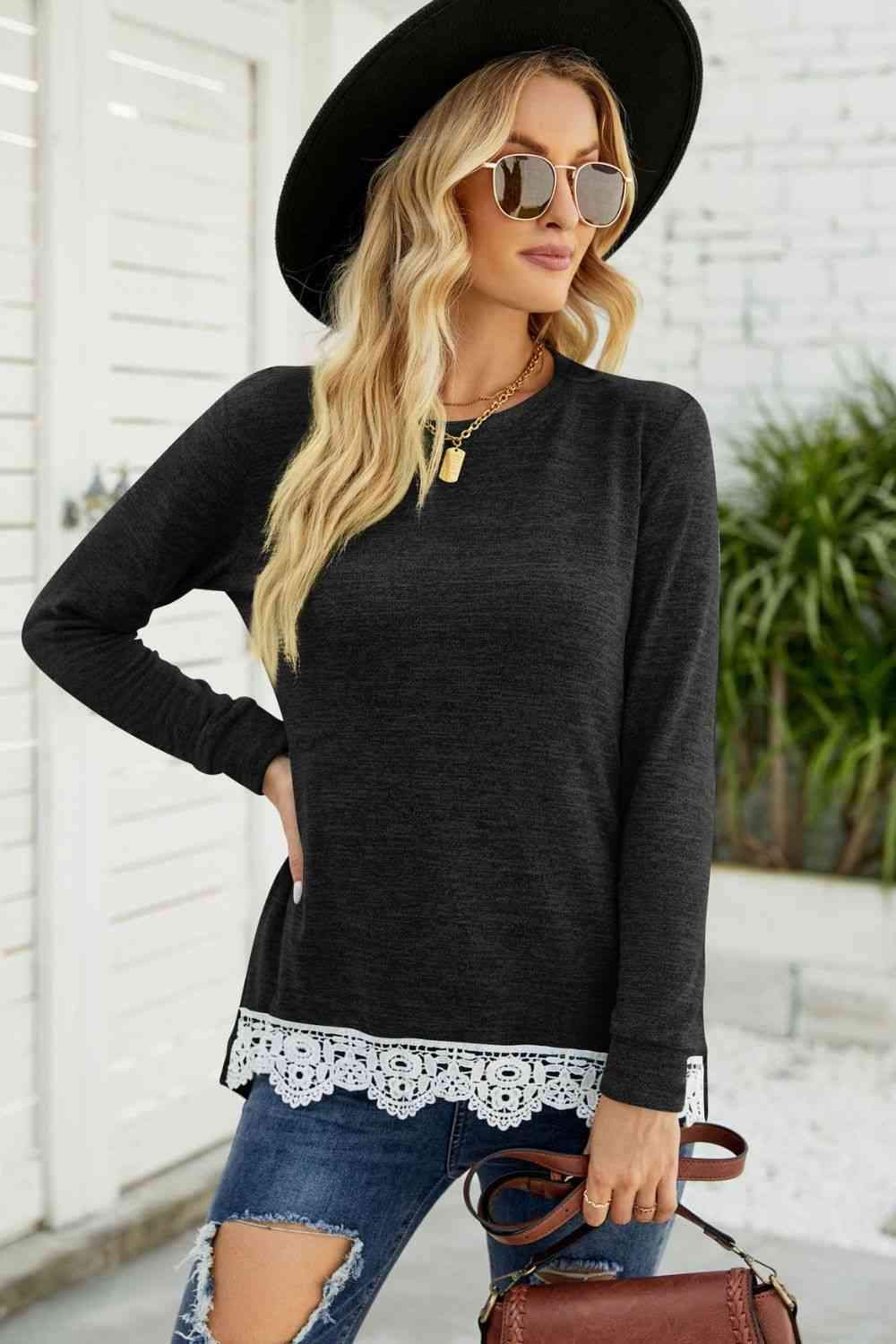 Heathered Round Neck Spliced Lace Hem Top Black Blouses - Tophatter Daily Deals