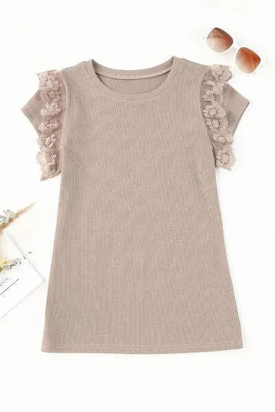 Lace Detail Round Neck Cap Sleeve T-Shirt Women's T-Shirts - Tophatter Daily Deals