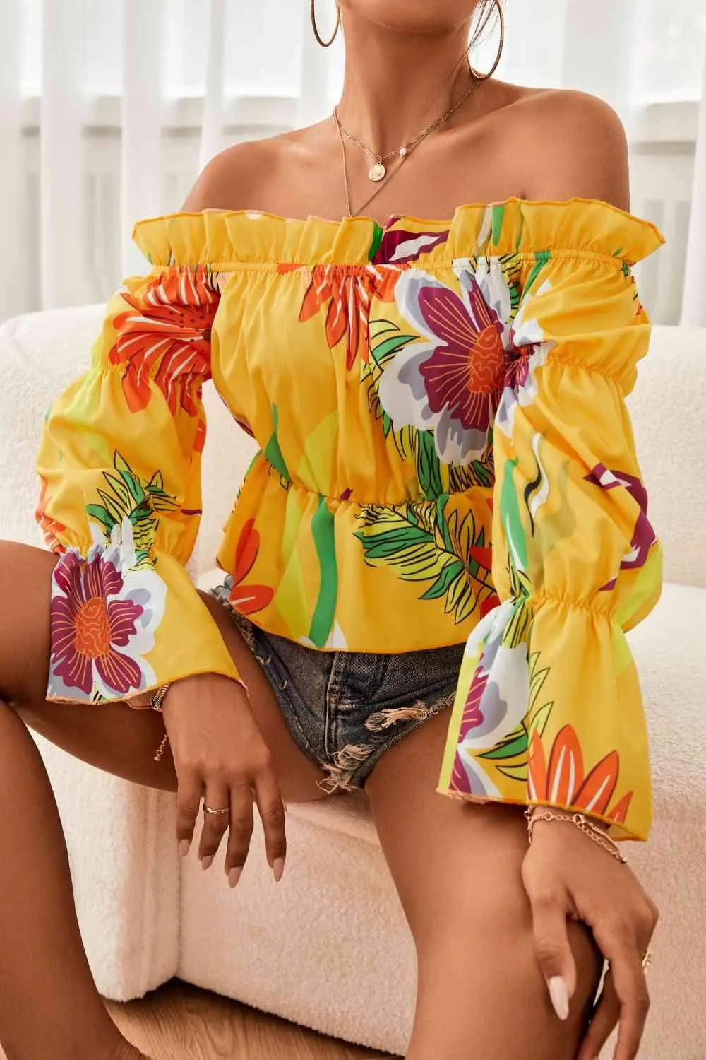 Floral Off-Shoulder Flounce Sleeve Peplum Blouse Blouses - Tophatter Daily Deals