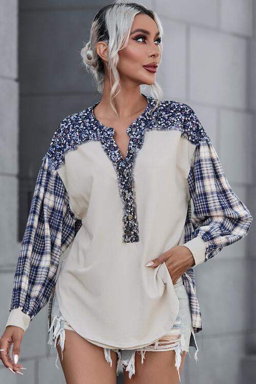 Plaid Notched Neck Slit Blouse Beige Blouses - Tophatter Daily Deals