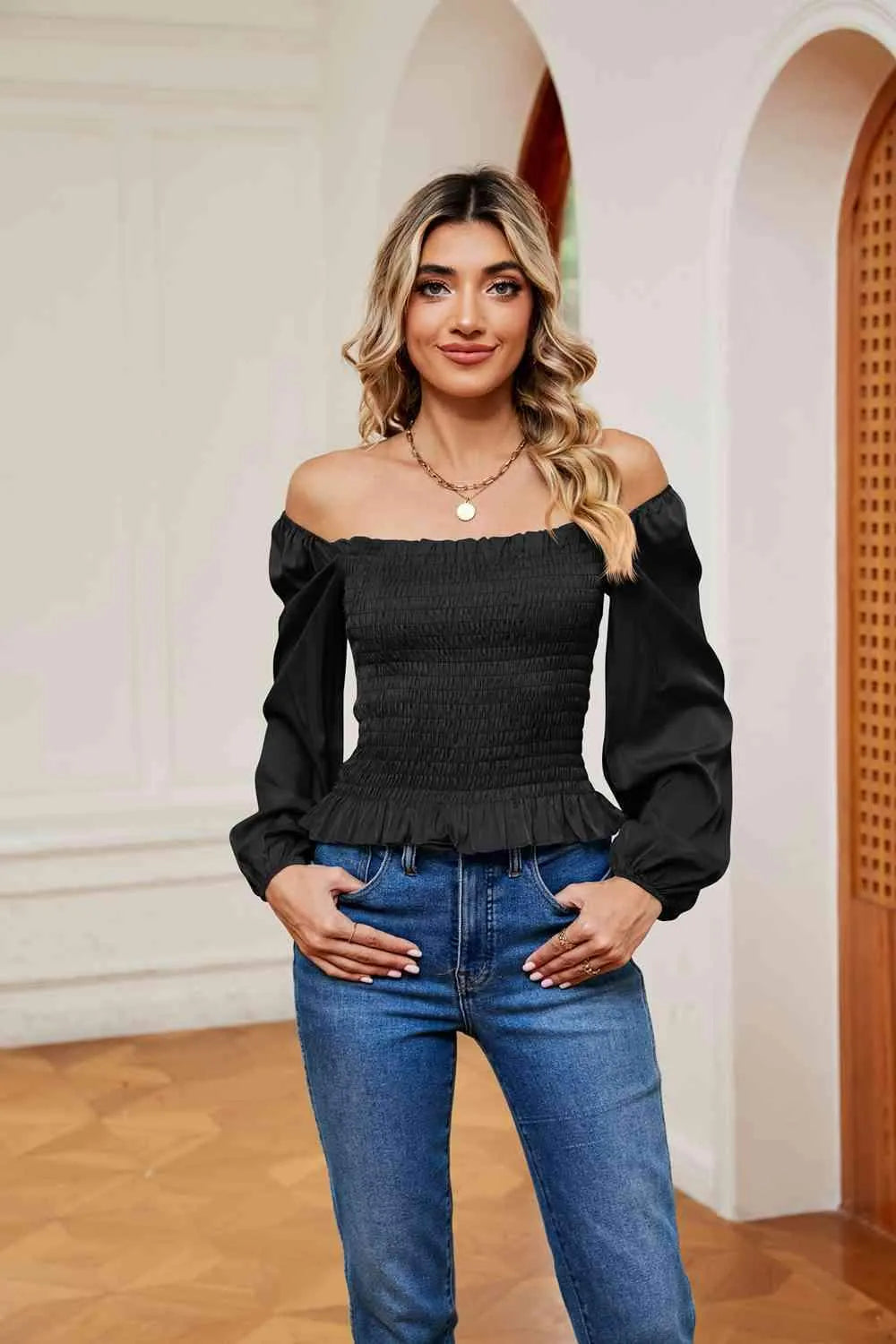 Smocked Off-Shoulder Ruffle Hem Blouse Black Blouses - Tophatter Daily Deals