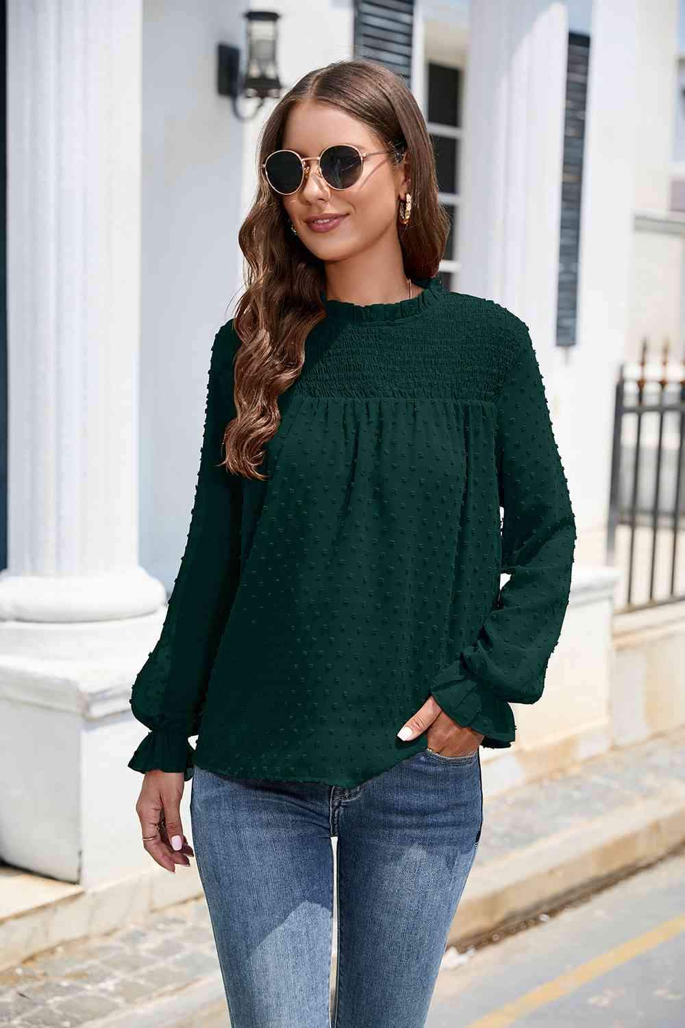 Smocked Mock Neck Swiss Dot Top Blouses - Tophatter Daily Deals