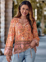 Printed Tie Neck Long Sleeve Blouse Blouses - Tophatter Daily Deals