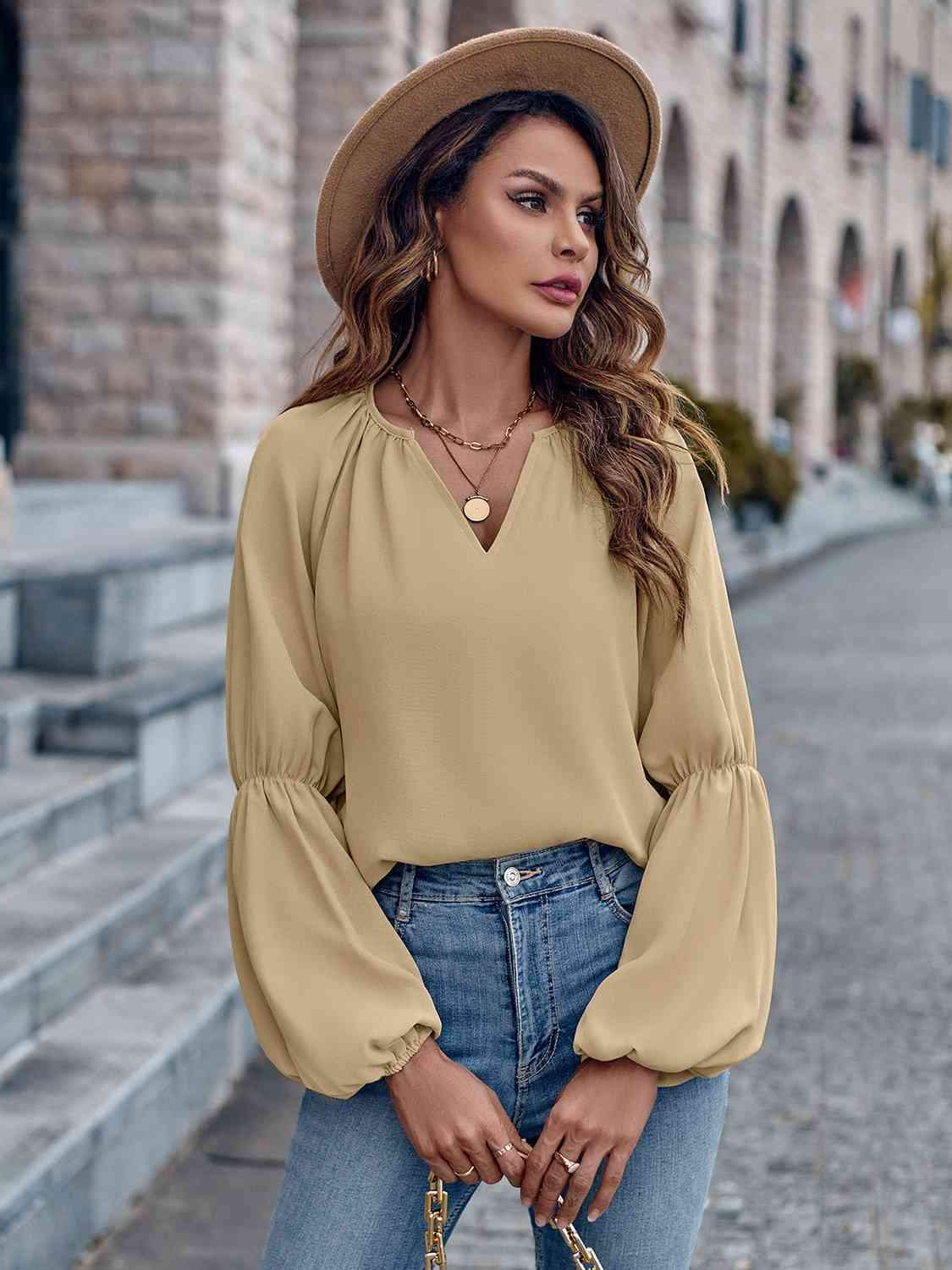 Notched Neck Long Sleeve Top Blouses - Tophatter Daily Deals