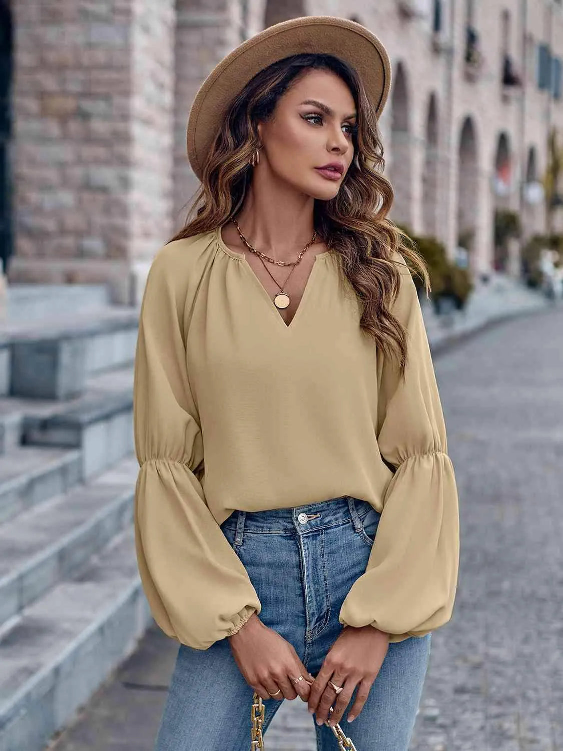 Notched Neck Long Sleeve Top Blouses - Tophatter Daily Deals