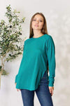 Zenana Round Neck Long Sleeve Slit Top Blouses - Tophatter Daily Deals