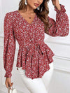 Printed V-Neck Tie Front Flounce Sleeve Blouse Blouses - Tophatter Daily Deals