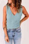 V-Neck Ribbed Top Green L Blouses - Tophatter Daily Deals