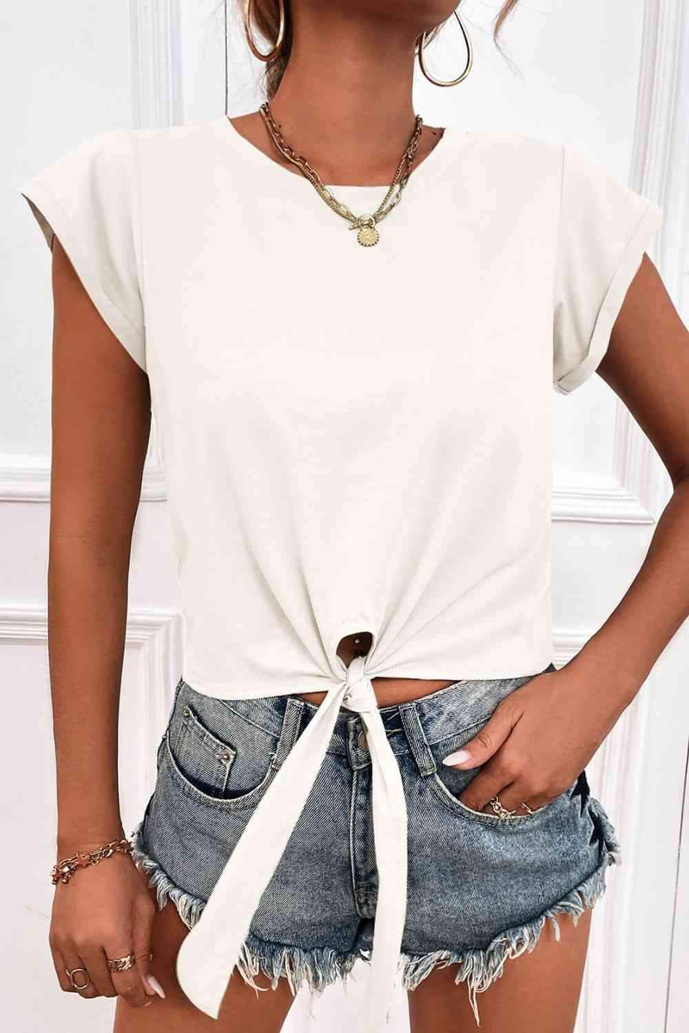 Tied Round Neck Crop Tee Women's T-Shirts - Tophatter Daily Deals