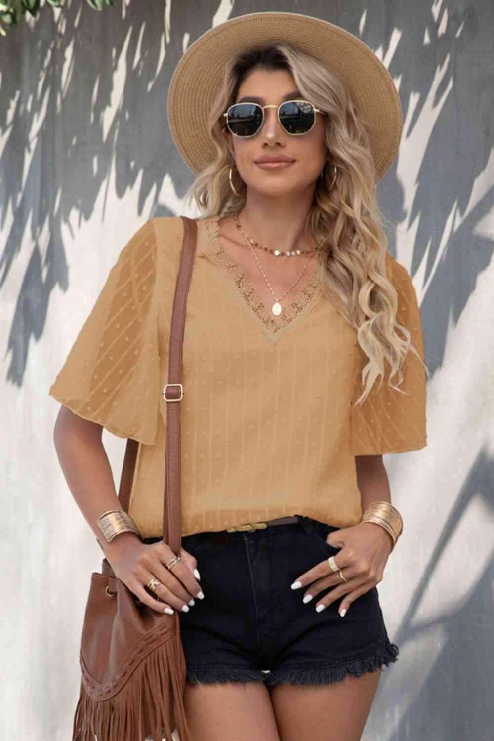 Swiss Dot Lace Trim Flutter Sleeve V-Neck Blouse Blouses - Tophatter Daily Deals