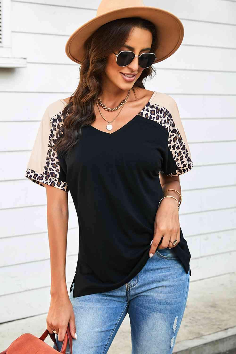 Leopard Sleeve Side Slit Tee-Shirt Women's T-Shirts - Tophatter Daily Deals