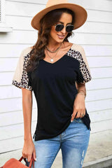 Leopard Sleeve Side Slit Tee-Shirt Women's T-Shirts - Tophatter Daily Deals