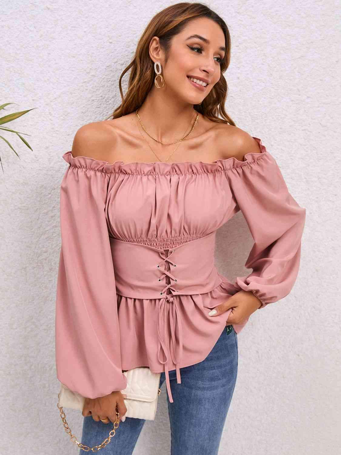 Lace-Up Balloon Sleeve Off-Shoulder Blouse Blouses - Tophatter Daily Deals