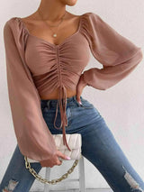 Drawstring Sweetheart Neck Cropped Top Blouses - Tophatter Daily Deals
