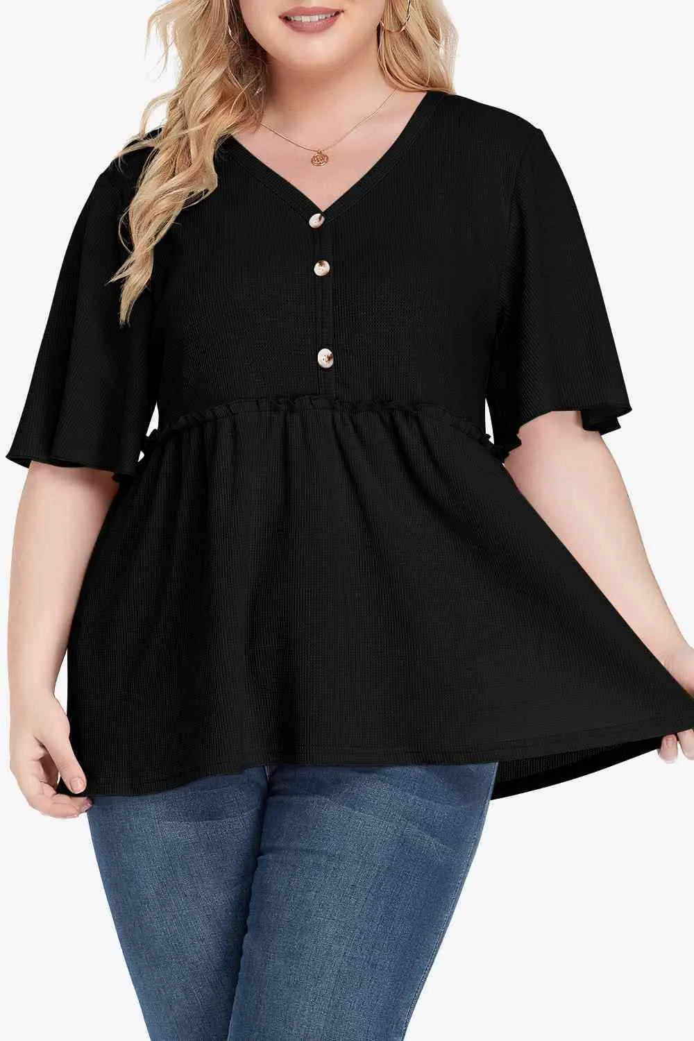 Plus Size Buttoned V-Neck Frill Trim Babydoll Blouse Blouses - Tophatter Daily Deals