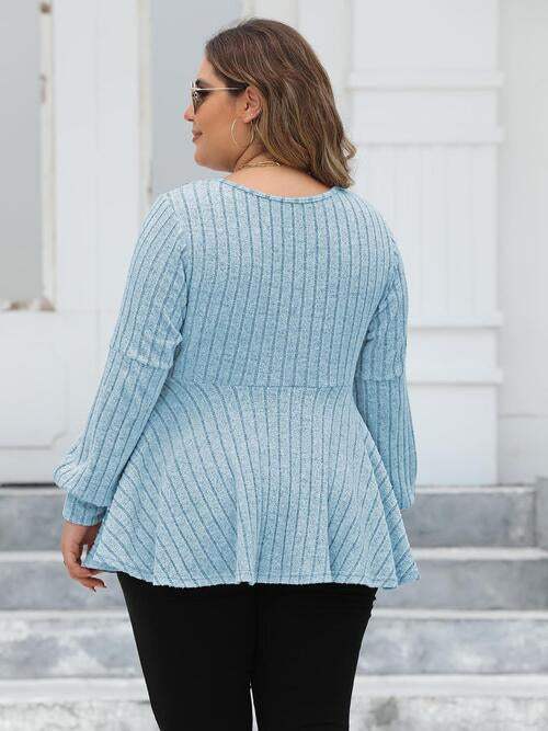 Plus Size Ribbed V-Neck Long Sleeve Blouse Blouses - Tophatter Daily Deals