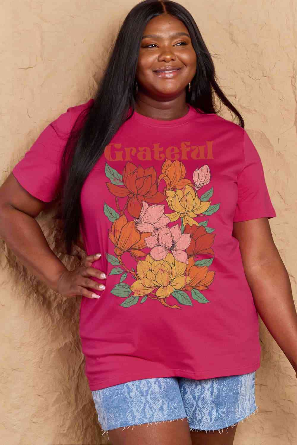 Simply Love Full Size GRATEFUL Flower Graphic Cotton T-Shirt Deep Rose Women's T-Shirts - Tophatter Daily Deals