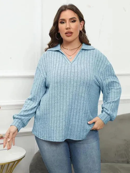 Plus Size Ribbed Collared Neck Long Sleeve Blouse Blouses - Tophatter Daily Deals