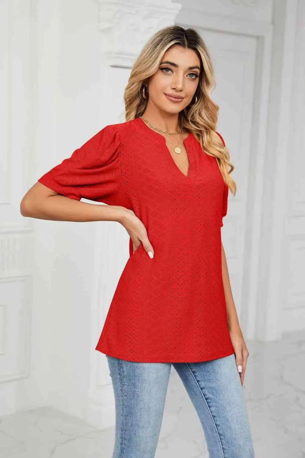 Eyelet Short Puff Sleeve Notched Neck Top Blouses - Tophatter Daily Deals