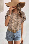 Printed Pom Pom Detail Petal Sleeve Round Neck Blouse Leopard Blouses - Tophatter Daily Deals