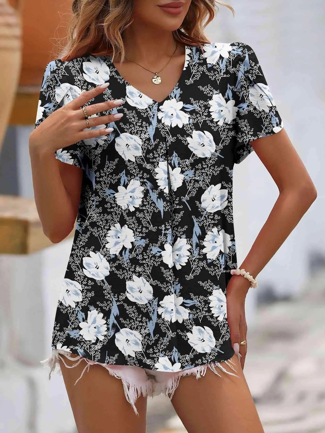 Ruche V-Neck Petal Sleeve Top Blouses - Tophatter Daily Deals