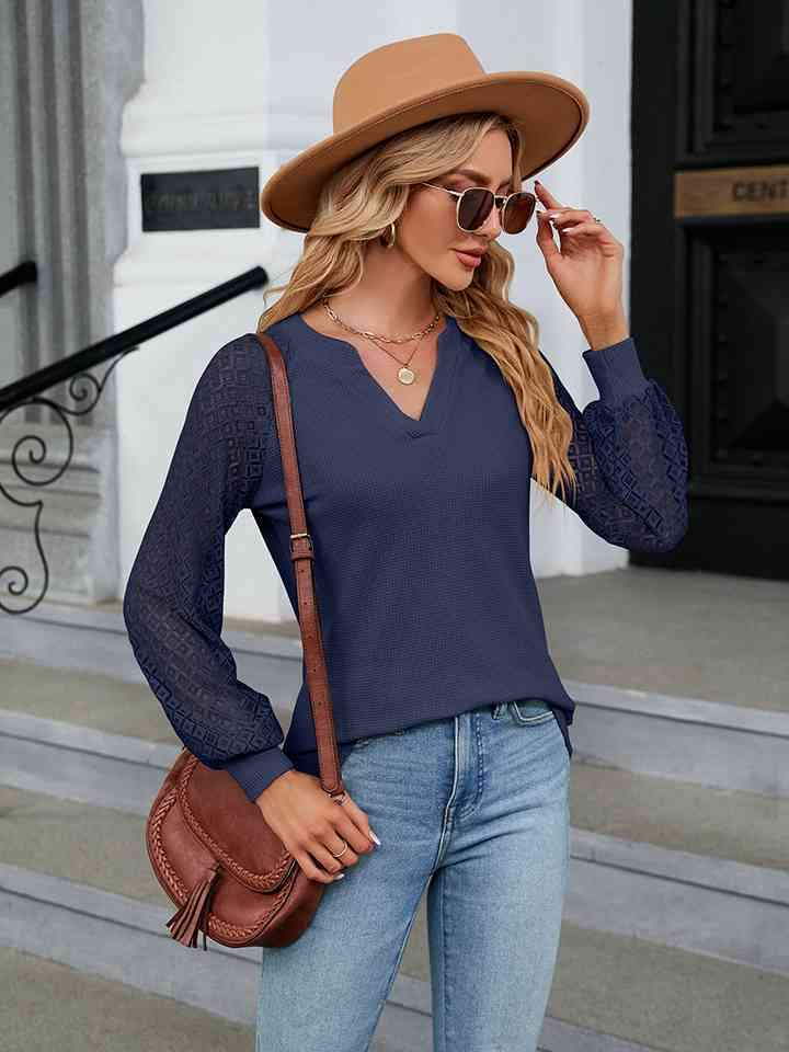 Notched Neck Long Sleeve Blouse Navy Blouses - Tophatter Daily Deals