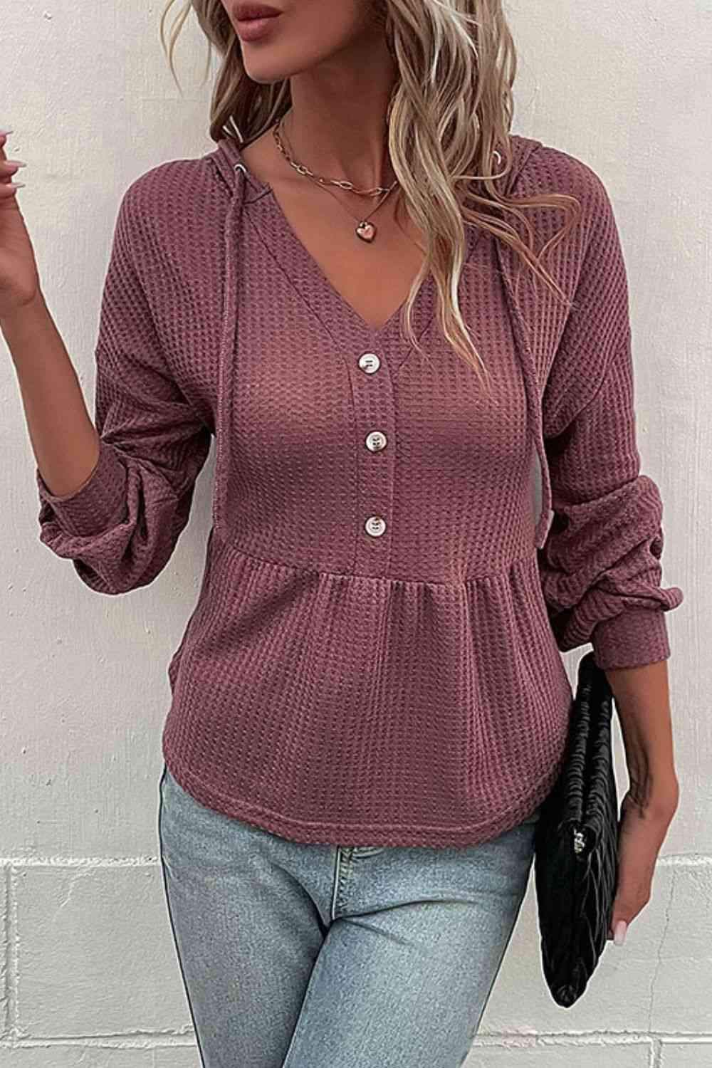 Waffle-Knit Buttoned Drop Shoulder Hoodie Blouses - Tophatter Daily Deals