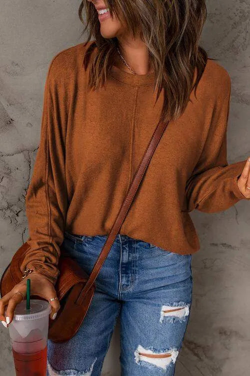 Seam Detail Round Neck Long Sleeve Top Caramel Women's T-Shirts - Tophatter Daily Deals