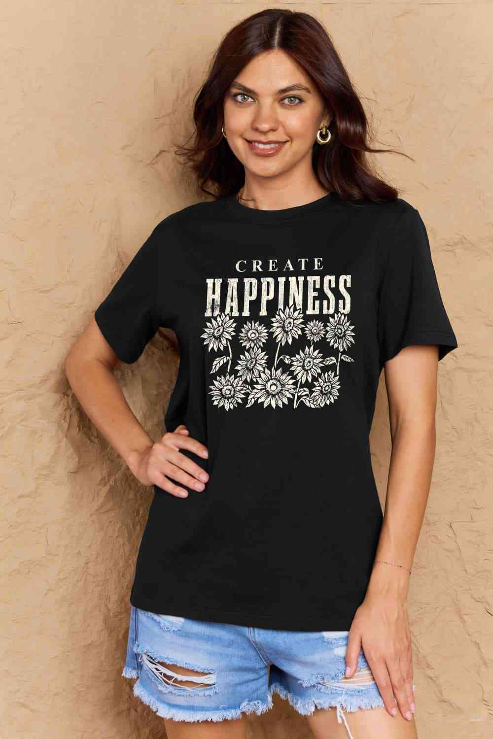 Simply Love Full Size CREATE HAPPINESS Graphic Cotton T-Shirt Black Women's T-Shirts - Tophatter Daily Deals