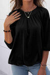 Gathered Detail Round Neck T-Shirt Black Women's T-Shirts - Tophatter Daily Deals