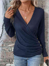 Buttoned Surplice Neck Long Sleeve Top Navy Blouses - Tophatter Daily Deals