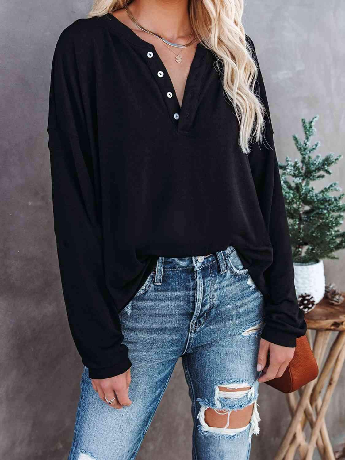 Buttoned Drop Shoulder Top Women's T-Shirts - Tophatter Daily Deals