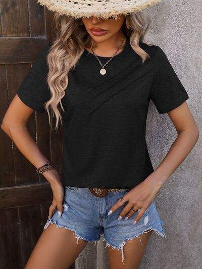 Heathered Round Neck Short Sleeve T-Shirt Black Women's T-Shirts - Tophatter Daily Deals