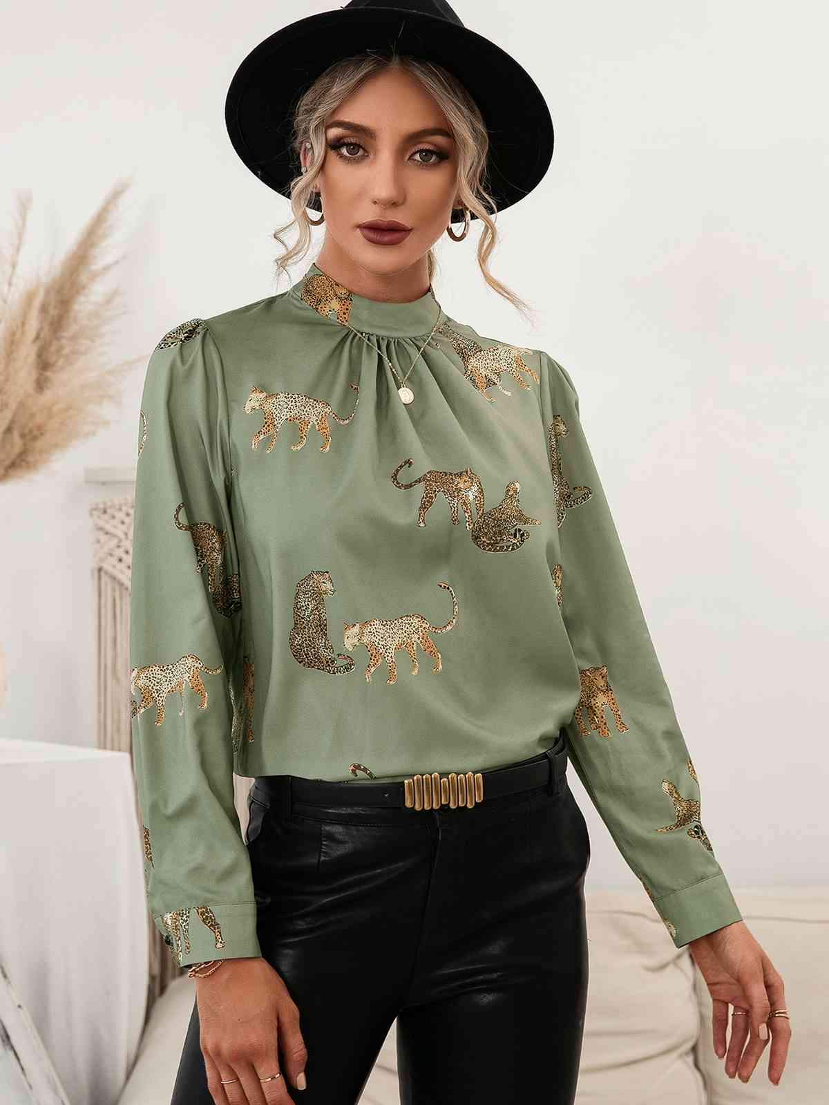 Leopard Graphic Mock Neck Puff Sleeve Blouse Matcha Green Blouses - Tophatter Daily Deals