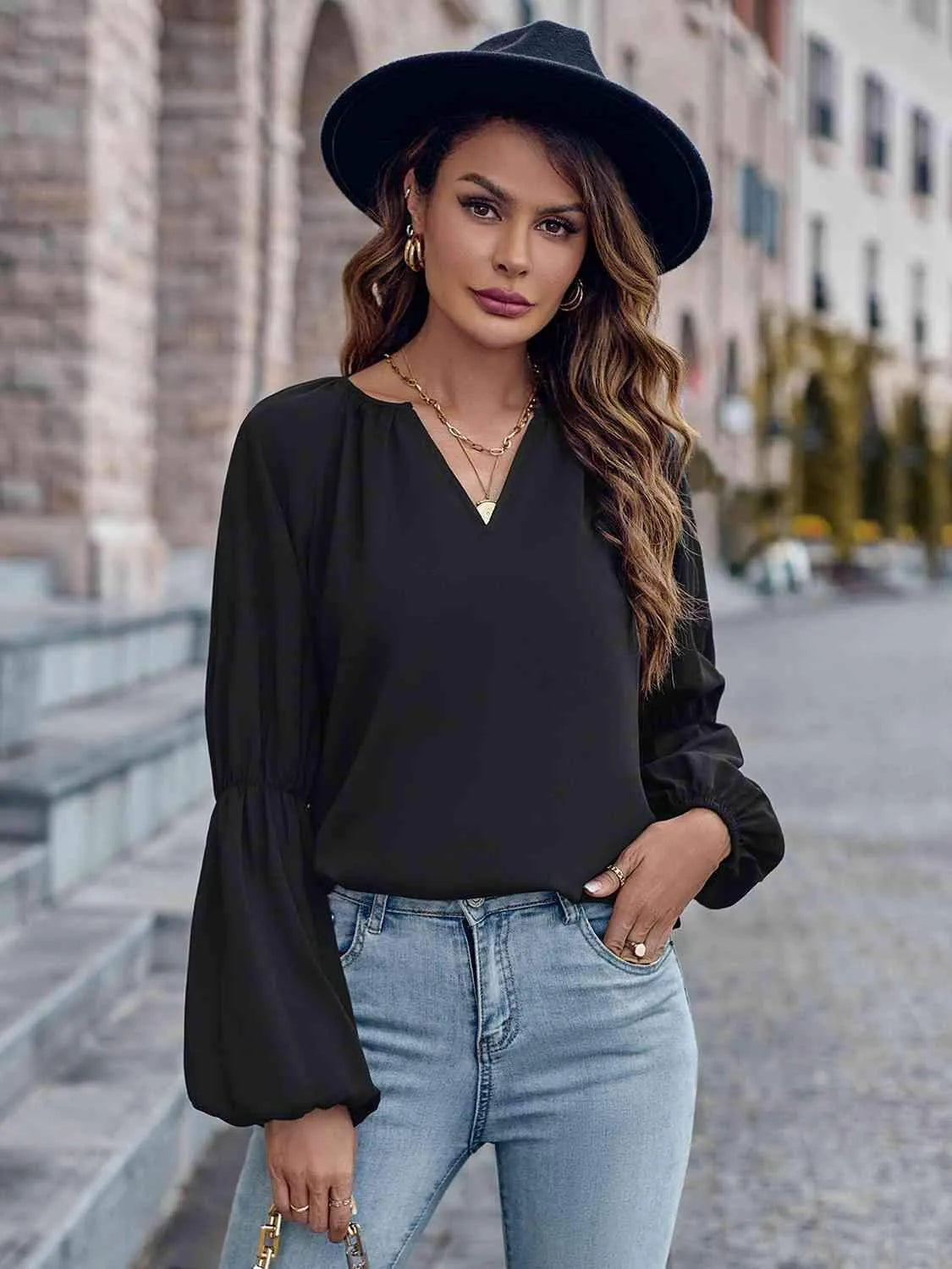 Notched Neck Long Sleeve Top Blouses - Tophatter Daily Deals