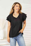 Double Take Eyelet Tie-Neck Flutter Sleeve Blouse Black Blouses - Tophatter Daily Deals