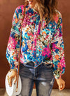 Floral Tie Neck Balloon Sleeve Top Multicolor Blouses - Tophatter Daily Deals