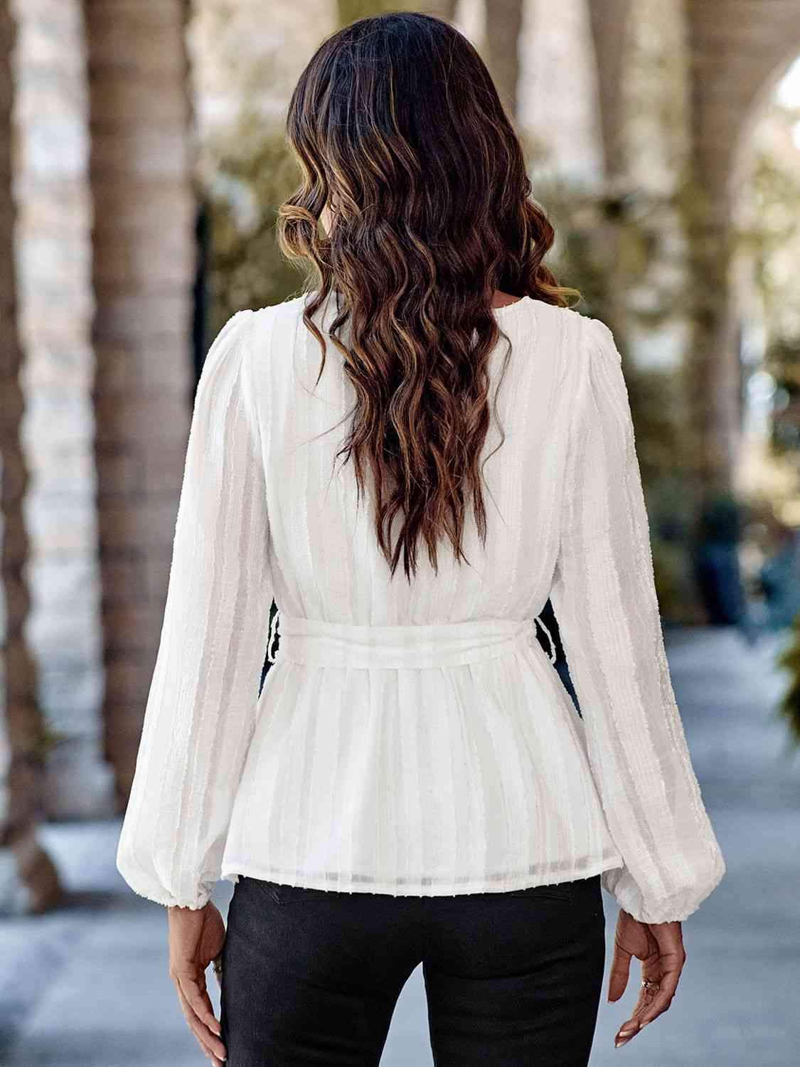 V-Neck Tie Waist Long Sleeve Blouse Blouses - Tophatter Daily Deals