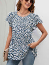 Leopard Round Neck Flutter Sleeve Babydoll Blouse Blouses - Tophatter Daily Deals