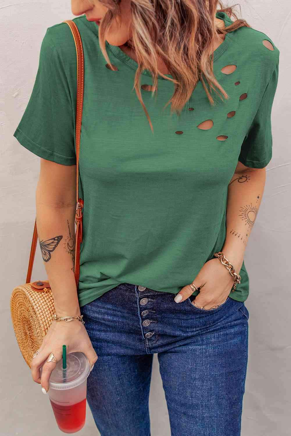 Distressed Short Sleeve Round Neck Tee Women's T-Shirts - Tophatter Daily Deals