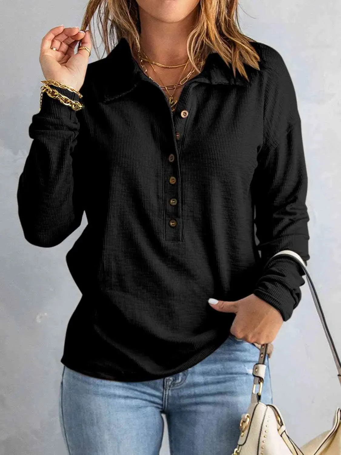 Collared Neck Half Button Top Blouses - Tophatter Daily Deals